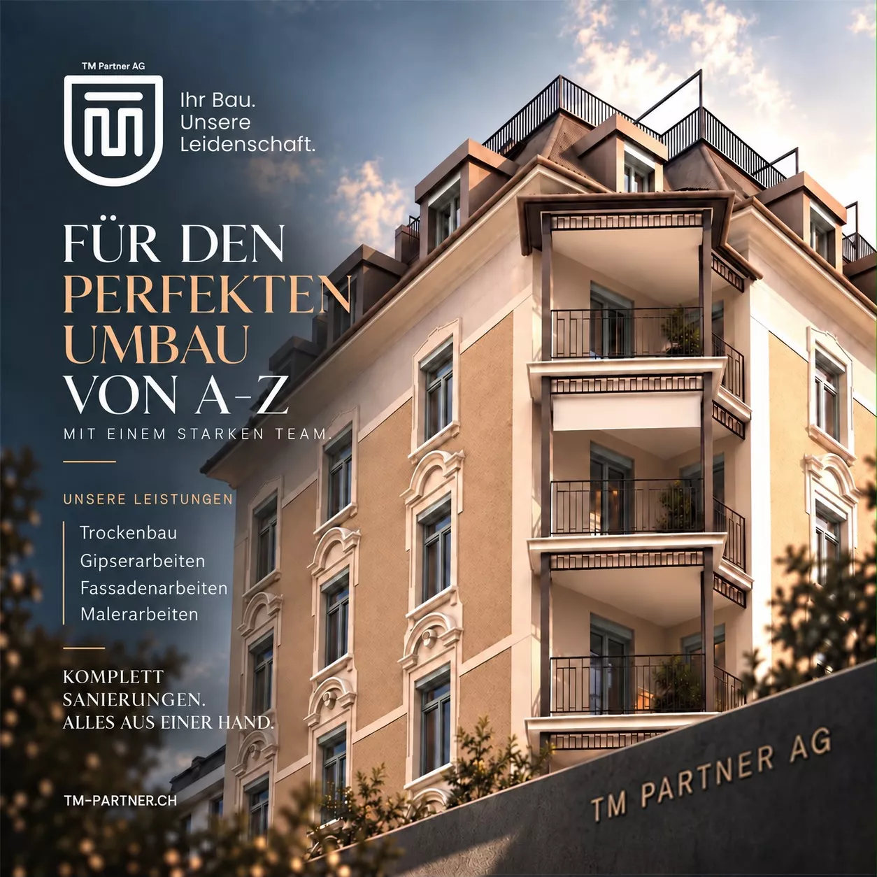 TM Partner AG — Für den perfekten Umbau von A bis Z. Trockenbau, Gipserarbeiten, Fassadenarbeiten, Malerarbeiten.